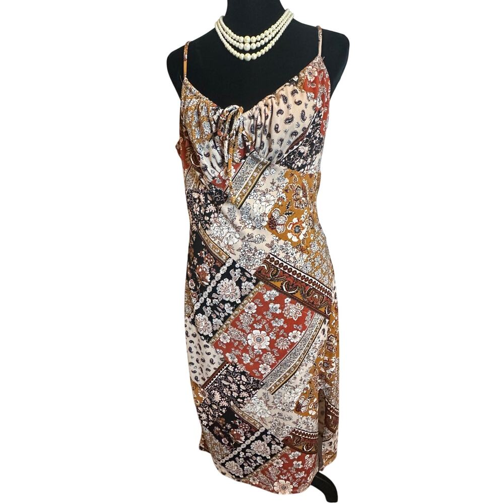 Inspired Hearts Patchwork Floral Milkmaid Side Slit Midi Dress Y2K Boho